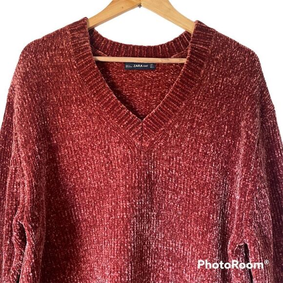 Zara Chenille Chunky Knit Oversized V-neck Cozy Pullover Sweater Rust Spiced Red - Picture 9 of 13